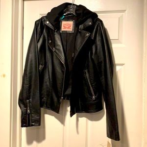Black Levi leather hooded Moto jacket. Size L